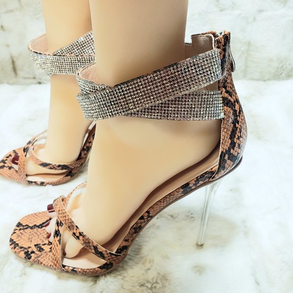 ☆ Mata Creative Brown Snake Open Toe Embellished Ankle Strap Stiletto Heel - Picture 3 of 7